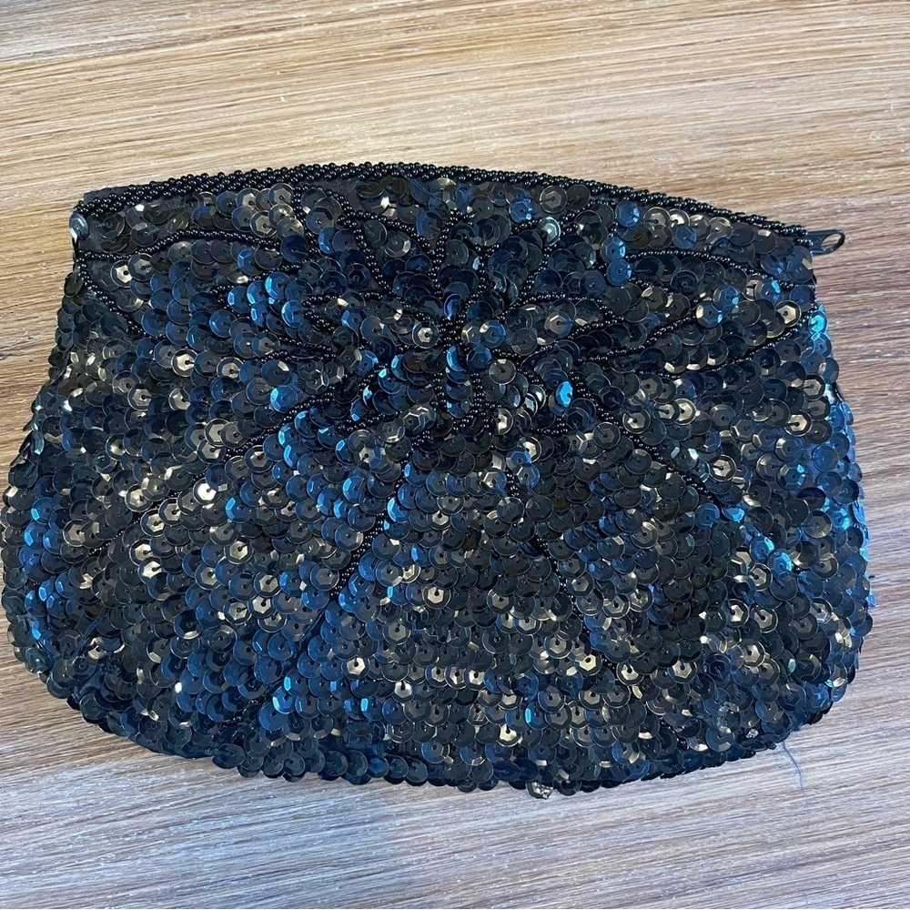 Black Sequined Floral Purse Coin Cosmetic Bag Whimsigoth Dark Feminine Bohemian